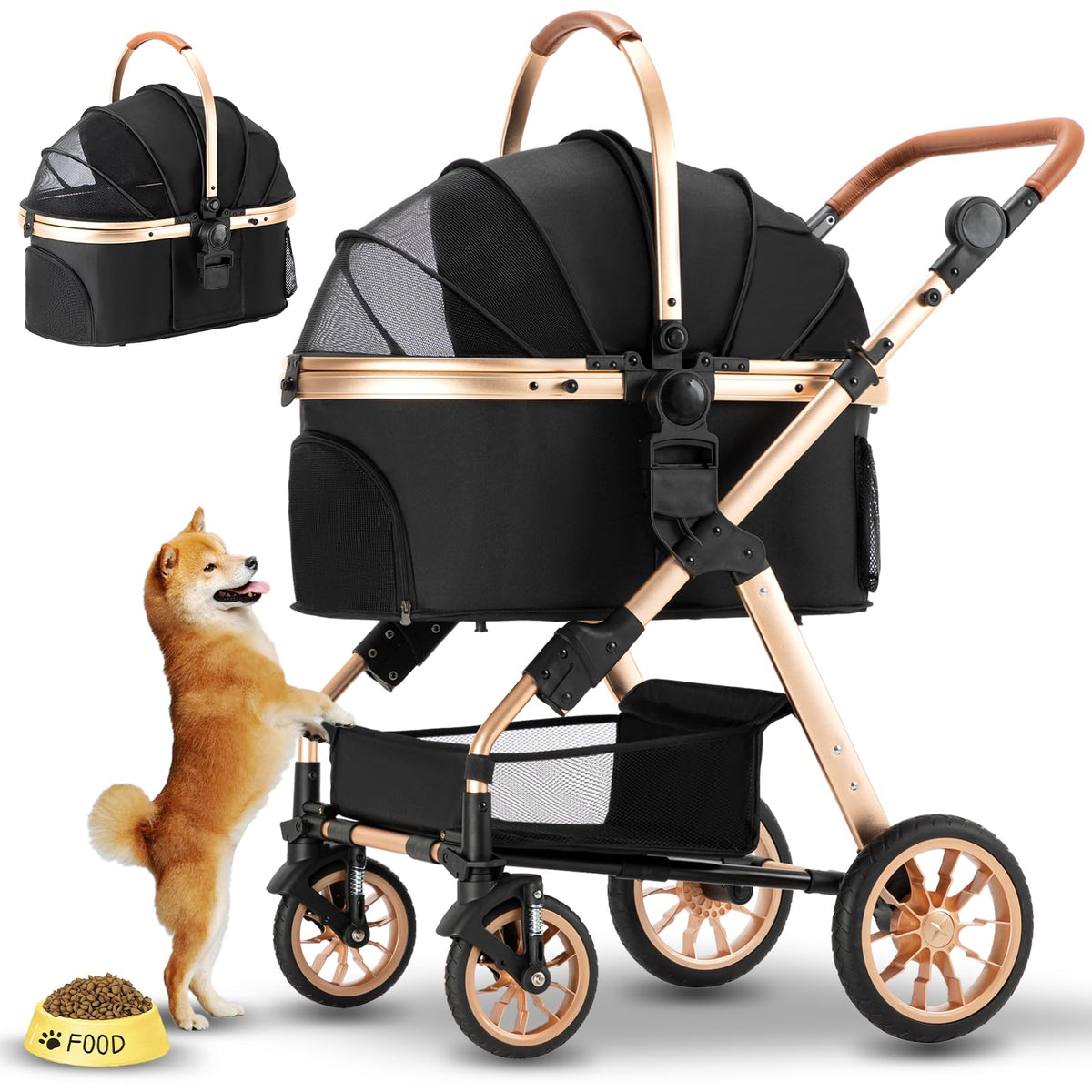 Ingborsa Pet Stroller Dog Stroller for Medium Small Dog with Storage Basket Foldable Lightweight Dog Carrier Trolley.Basket can be Used Alone. Pump-Free Rubber Tire/Reversible Aluminum Frame