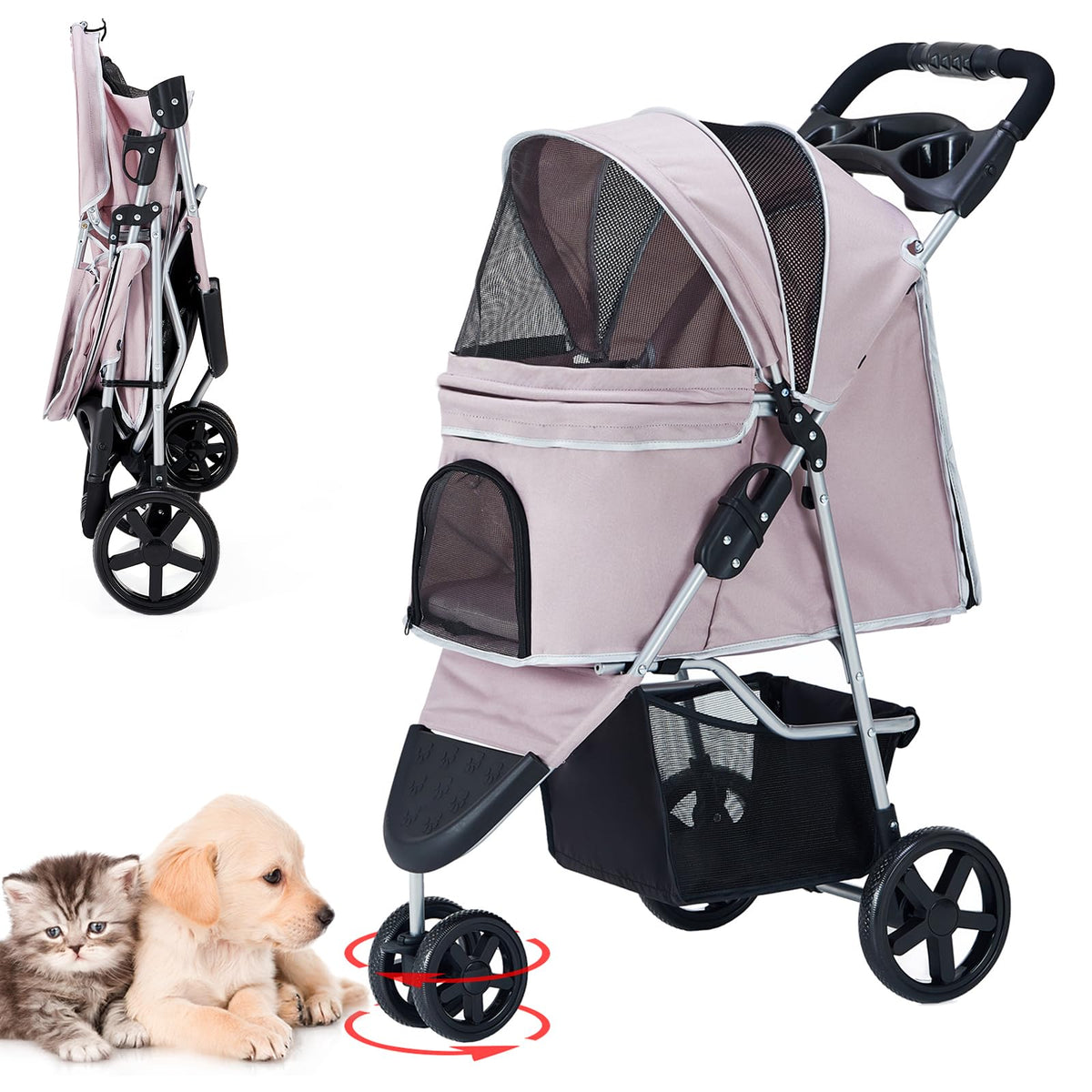 Pet Stroller Cat Dog Stroller with Storage Basket Foldable Lightweight Dog Carrier Trolley Jogging Stroller 3 Wheel Light Pink