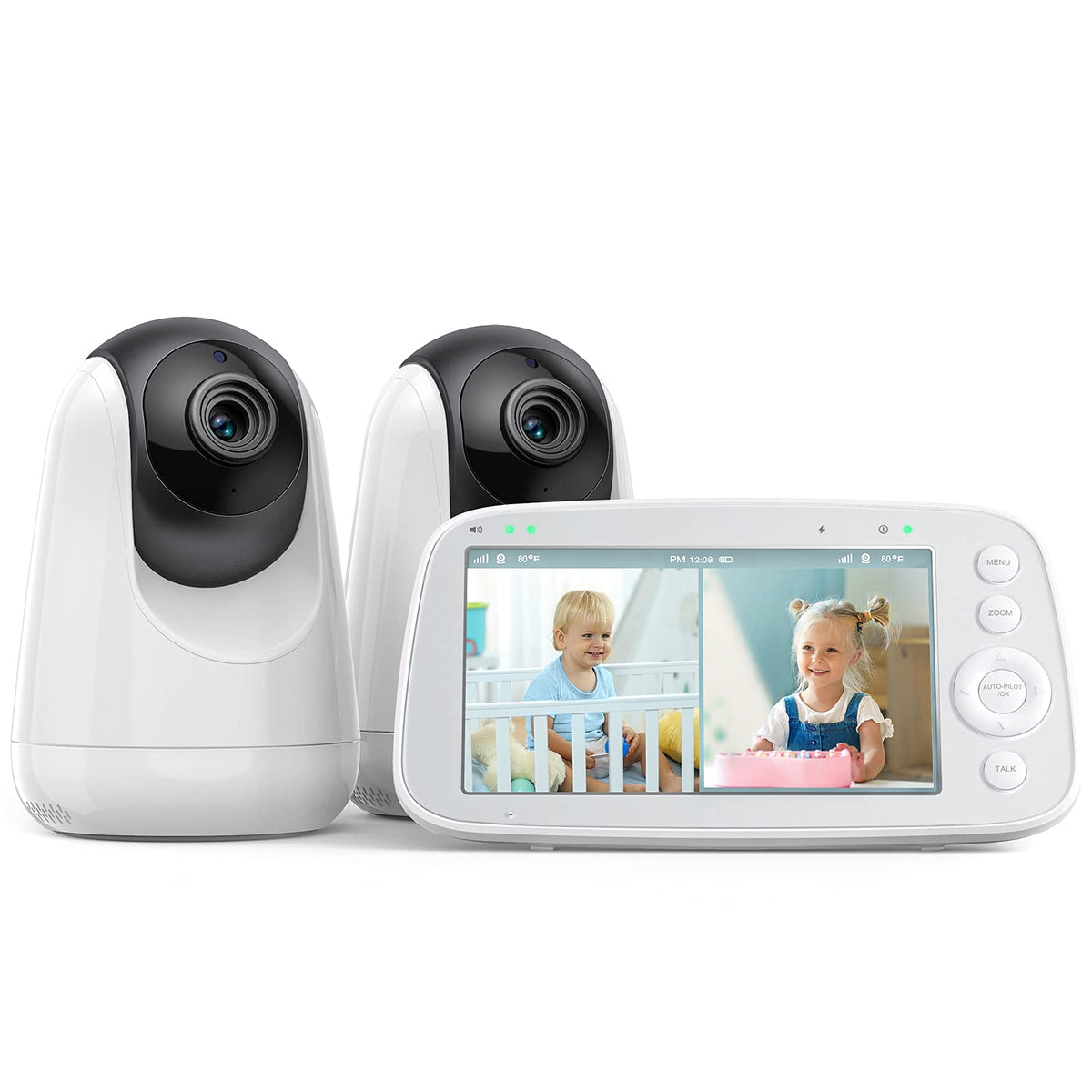 HiPP No WiFi Video Baby Monitor 5" 720P HD Split-Screen Baby Monitor with 2 Camera and Audio Infrared Night Vision 2X Zoom 900ft Long Range 4500mAh Battery 2 Way Audio Talk White