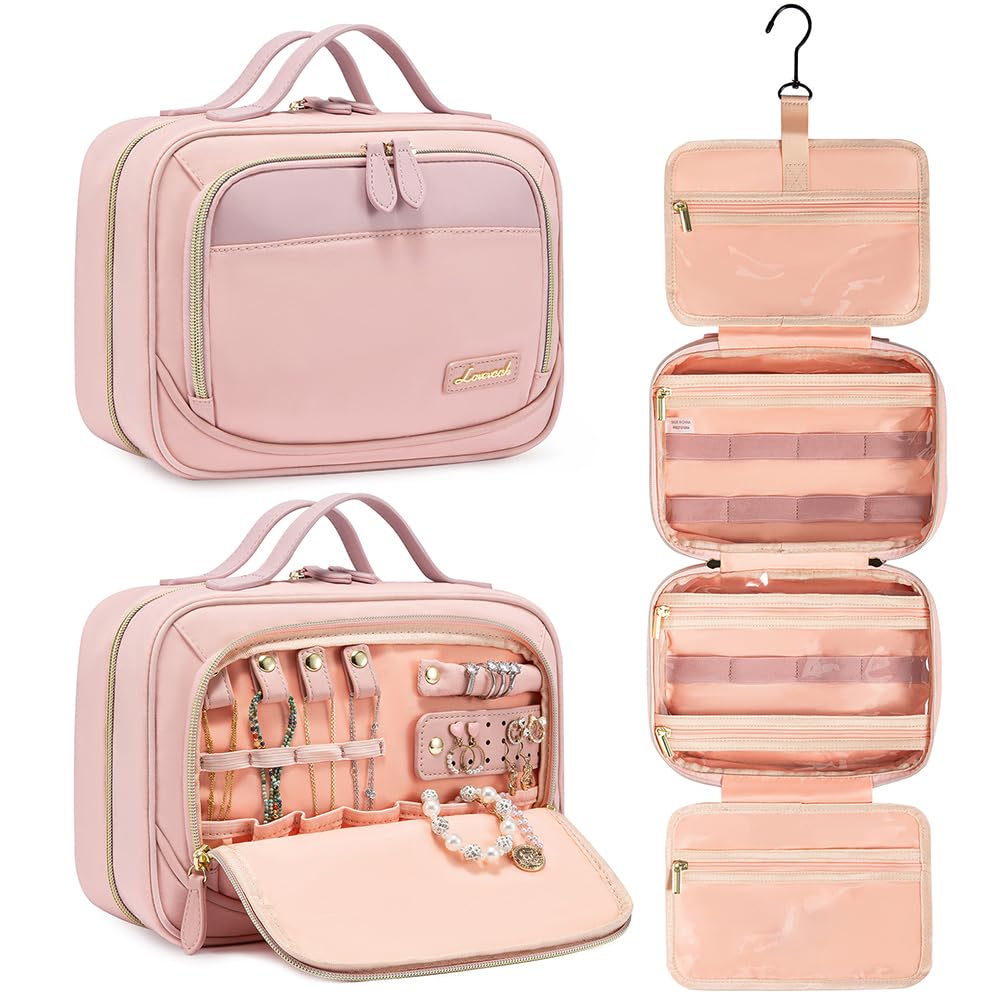 LOVEVOOK Travel Toiletry Bag for Women with Jewelry Makeup Brush OrganizerHanging Travel Toiletry Bag with Makeup Cosmetic Bag Organizer Carry-on Travel Accessories EssentialsPink